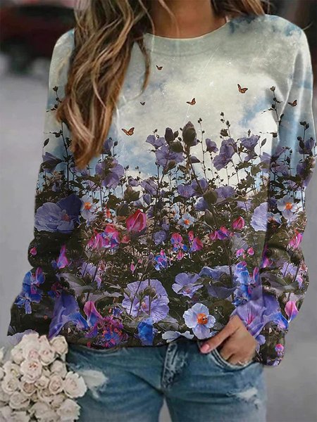 

Crew Neck Casual Floral Sweatshirt, As picture, Hoodies & Sweatshirts