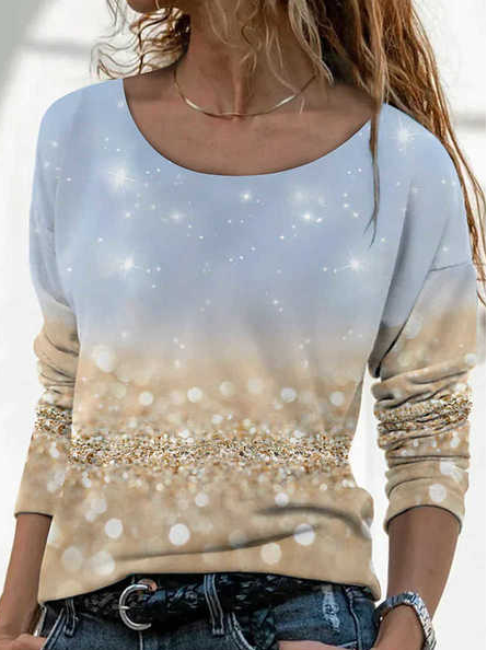 Casual Graphic Color Block Print Round Neck Top Women, Khaki, Long sleeve tops