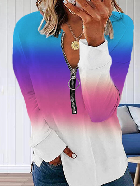 

V Neck Ombre Long Sleeve Casual Sweatshirt, As picture, Hoodies & Sweatshirts