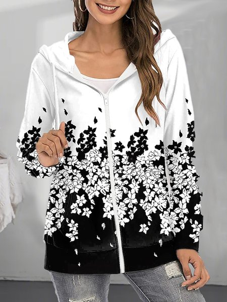 

Hooded Floral Cotton Blends Zipper Outerwear, Black-white, Cardigans