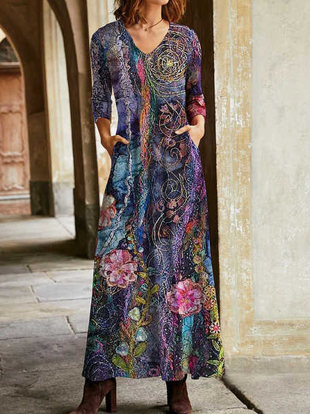 

Casual Floral Print V Neck Long Sleeves Maxi Dress, Purple, Tie dye dress