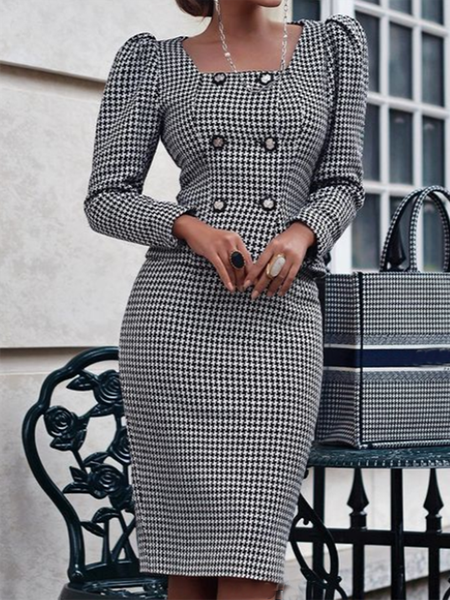 

Elegant Regular Fit Long sleeve Houndstooth Dress, Black, Mini Dresses