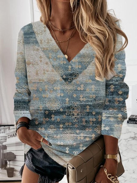 

Printing Long Sleeve V Neck Shirts & Tops, Blue, Long sleeve tops