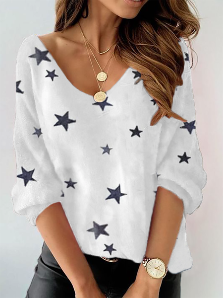 

Plus size V Neck Casual Star Printed Sweatshirt, White, Hoodies & Sweatshirts
