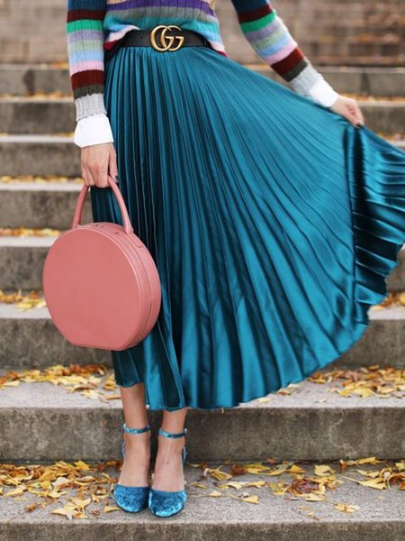 

Solid Pleated Elegant Skirt, Blue, Maxi Skirts