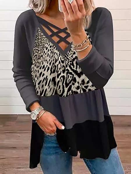

Plus size Casual Leopard V Neck T-shirt, Multicolor, T-Shirts