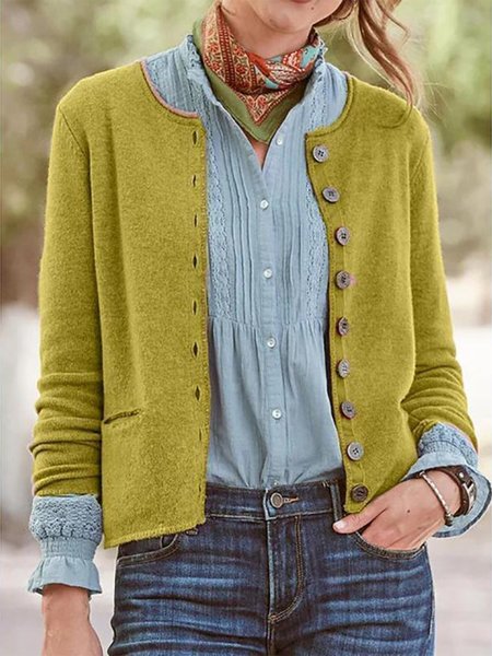

Crew Neck Buttoned Regular Fit Outerwear, Yellow, Cardigans