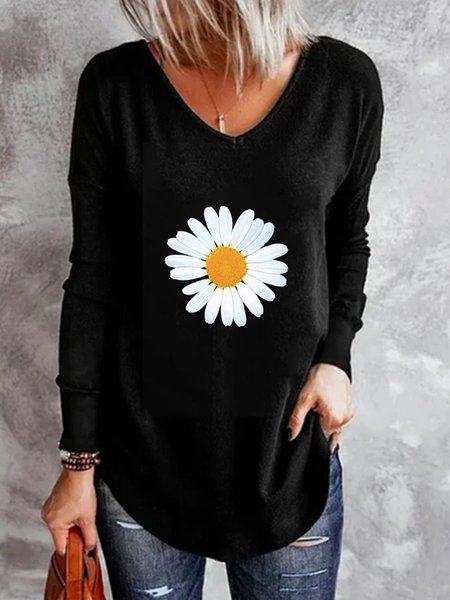 

Maniche Lunghe Floreale Scollo a V Nero Top, T-Shirts