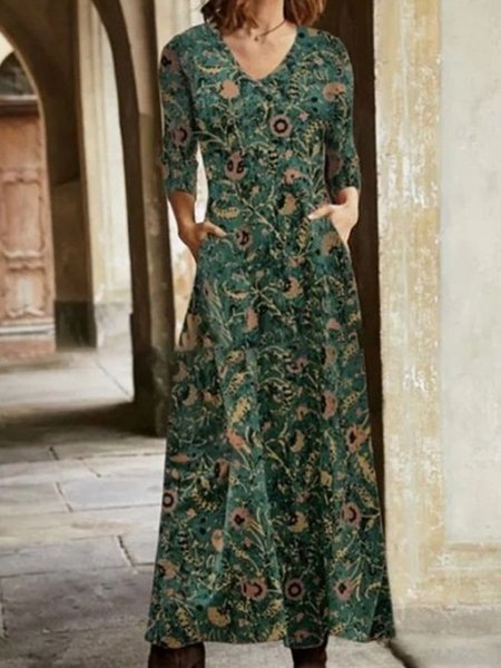 

Regular Fit Boho Cotton Blends Floral Dresses, Green, Floral Dresses