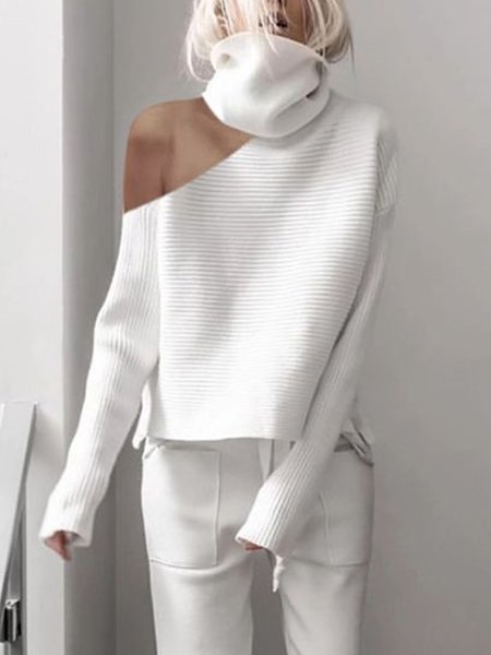 

Long Sleeve Loosen Casual Plain Sweater, White, Pullovers