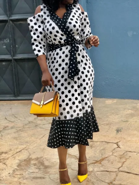 

Polka Dots Regular Fit V Neck Midi Dress, White, Midi Dresses