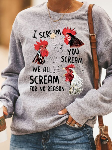 

Funny rooster print round neck long-sleeved cotton blend sweatshirt, Gray, Hoodies&Sweatshirts