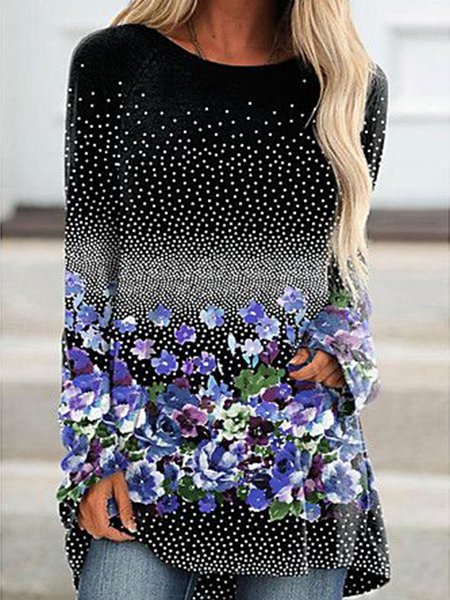 

Floral Vacation Cotton Blends T-shirt, Black-blue, T-Shirts