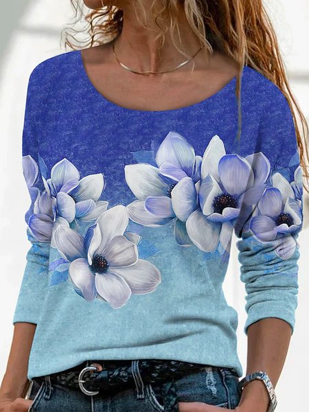 

Bohemian Girocollo Floreale Top, Blu viola, T-Shirts