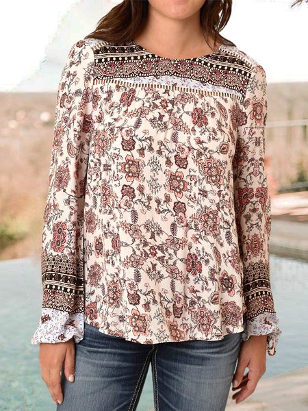 

Crew Neck Floral Casual Shirts & Tops, Red, Tops
