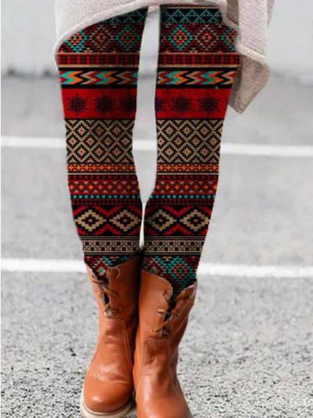 

Geometric Casual Cotton Blends Long Pants, Multicolor, Leggings
