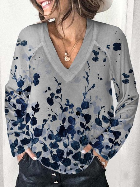 

Vintage Stampata Floreale Scollo a V Maniche Lunghe taglia grande Casuale Top, Grigio, T-Shirts