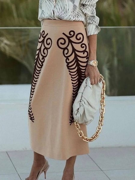 

Elegant Regular Fit Painted Long Skirt, Khaki, Maxi Skirts