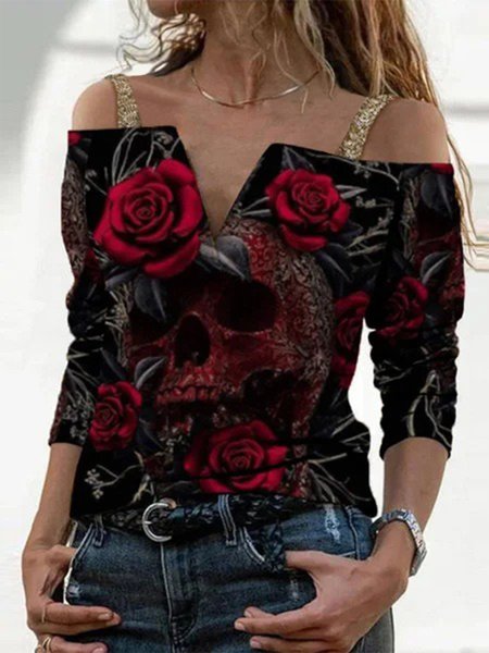 

V Neck Floral Floral-Print Long Sleeve Shirts & Tops, Black, T-Shirts