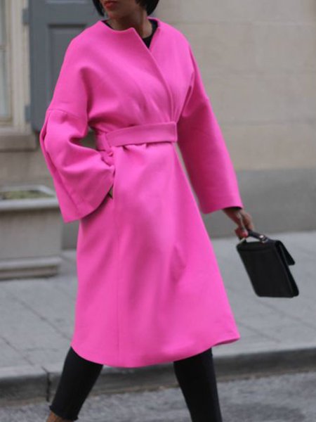 

Plain Flare Sleeve Crew Neck Regular Fit Outerwear, Rose red, Coats