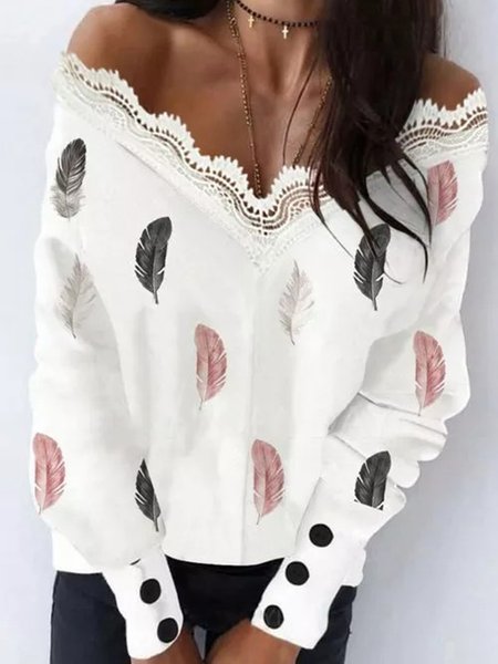 

White Printed Casual Sexy Loosen Shirts & Tops, Tops