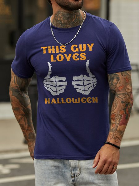 

This Guy Loves Halloween Cotton Blends Crew Neck Casual T-shirt, Deep blue, T-shirts
