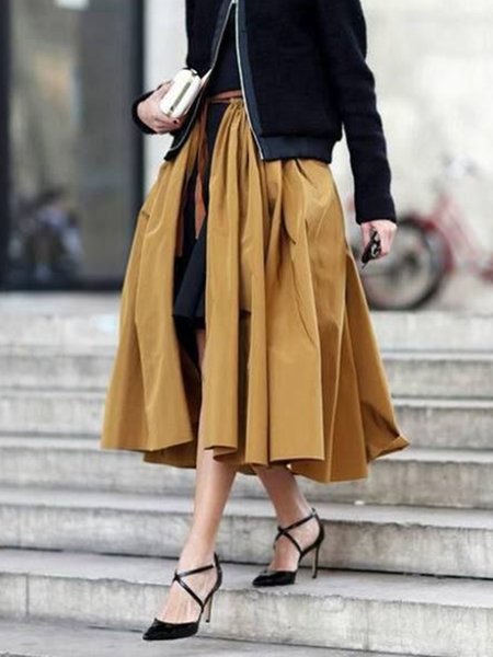 

Plain Regular Fit Lady Skirt, Yellow brown, Midi Skirts