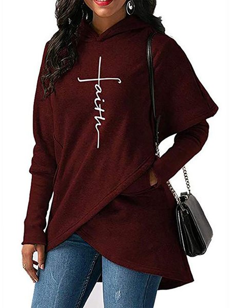 Casuale Asimmetrico Maniche Lunghe cappuccio Felpa, Rosso, Hoodies & Sweatshirts