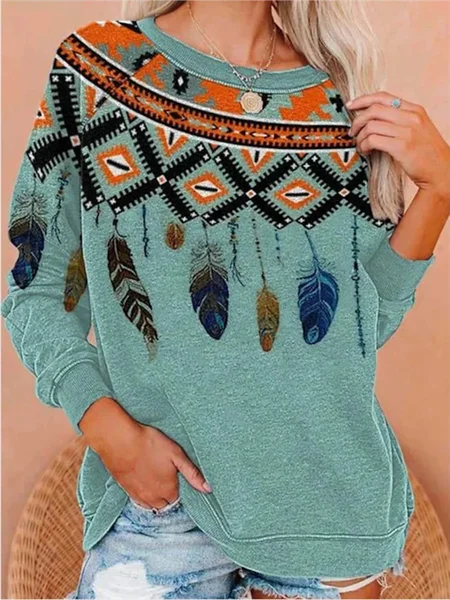 

Loosen Raglan Sleeve Tribal Printed Casual Sweatshirts, Green, Hoodies & Sweatshirts
