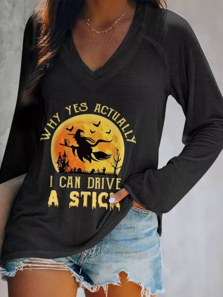 

Casual Long Sleeve V Neck Printed Top, Black, Tops