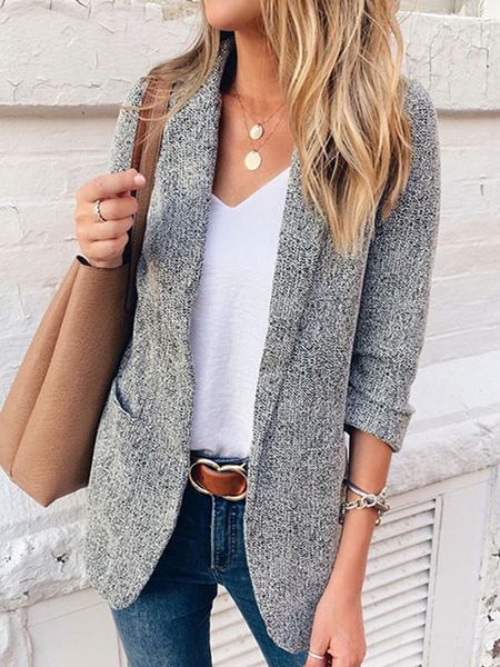 

Long sleeve Apple collar plain no pattern versatile basic suit coat cardigan, Light gray, Blazers