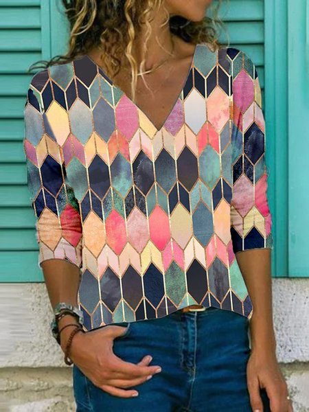 

Casual Long Sleeve V Neck Plus Size Printed Tops T-shirts, Multicolor, T-Shirts
