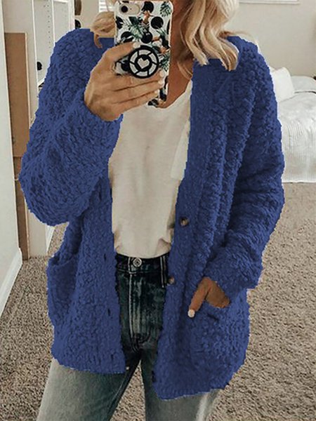 

Collarless Solid Flury Long Sleeves Outerwear, Deep blue, Outerwear