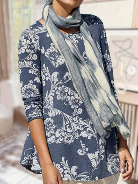 

Casual Floral Crew Neck Shirts & Tops, Aqua blue, Tops