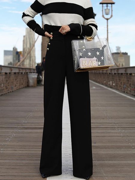

Solid Regular Fit Daily Pants, Black, Wide Leg Pants