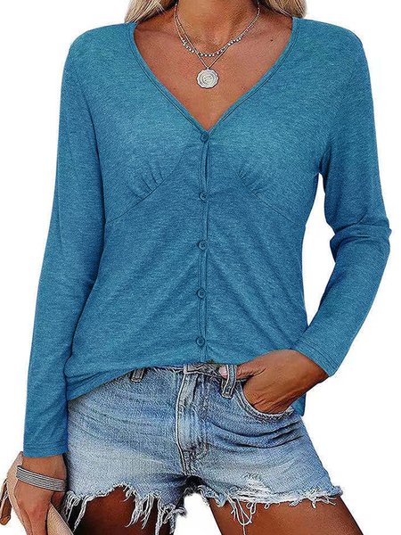 

Plain Casual V Neck Shirts & Tops, Blue, T-Shirts