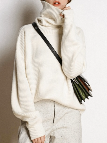 

Fall Simple High Neck High Stretch High Neck Mid-weight Sweater, White, Pullovers