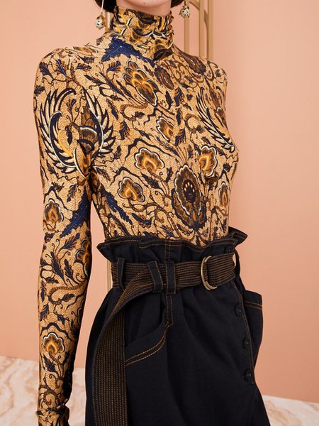 

Stand Collar Vintage Tops, Multicolor, Long sleeve tops