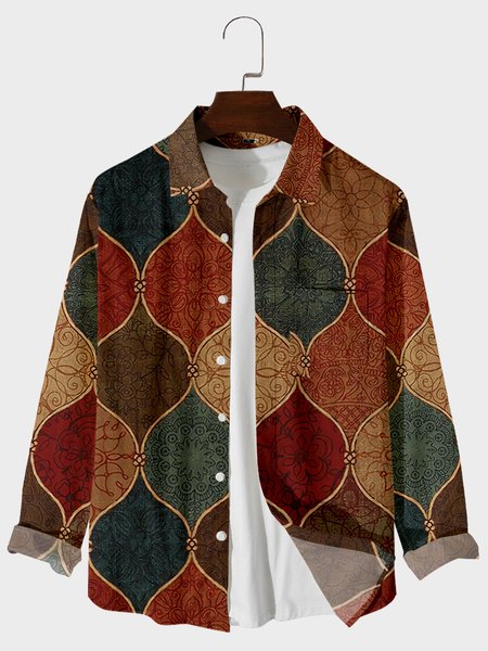 

Shirt Collar Tribal Long Sleeve Shirts, As picture, Men's shirts