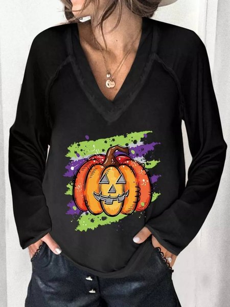 

Casual Long Sleeve V Neck Printed Top, Black, T-Shirts