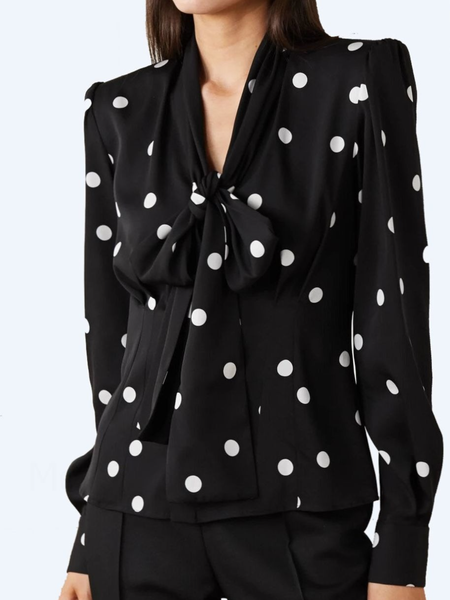 

Fall Tie Neck Polka Dots Long sleeve Tie Neck Work Formal Date Tops, Black, Blouses and Shirts