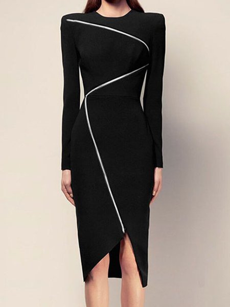 

Regular Fit Elegant Plain Midi Dress, Black, Midi Dresses