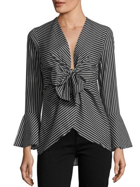 

V Neck V Neck Striped Top, Black, Blouses and Shirts