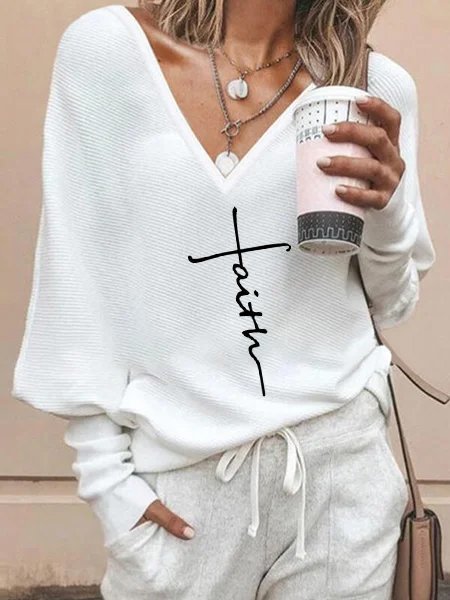 

Sexy Lettera Scollo a V Maniche Lunghe Top, Come immagine, T-Shirts