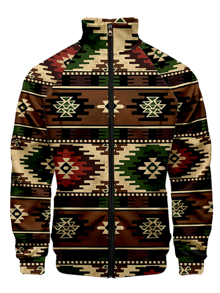 

Native Print Long Sleeve Zipper Jackets, Brown, Jackets & Coats