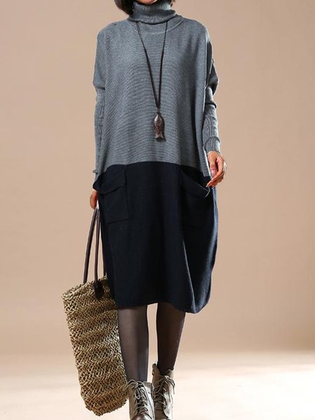 

Casual Color Blocked High Neck Sweater, Gray, Midi Dresses