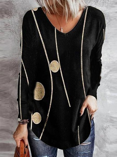 

Vintage Printed V Neck Cotton-Blend T-shirt, Black, Blouses & Shirts