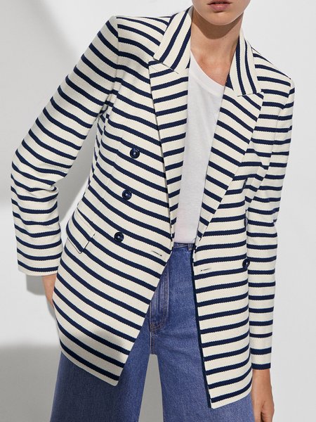 

Lapel Striped Long sleeve Lapel Outerwear, White, Blazers