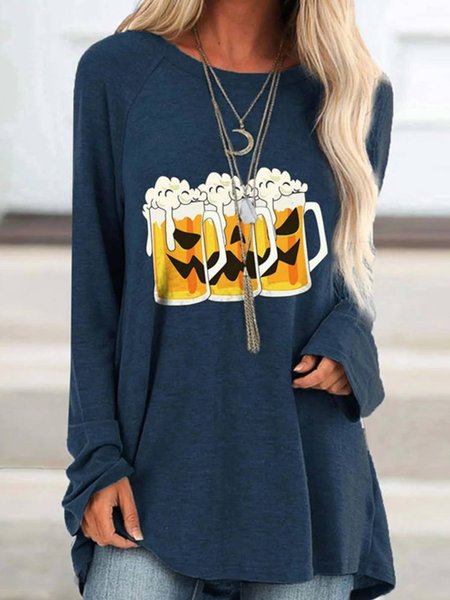 

Casual Long Sleeve Crew Neck Printed Top, Deep blue, T-Shirts