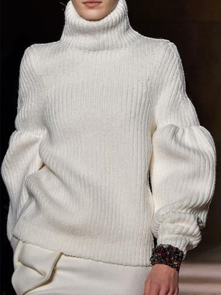 

Solid Loosen High Neck Daily Sweater, White, Pullovers